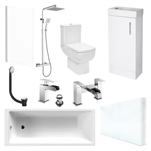 Modern Bathroom Suite 1700mm Bath, Waterproof Front Panel, Close Coupled WC, 1 Door Vanity Unit, Chrome Shower & Waterfall Tap Set