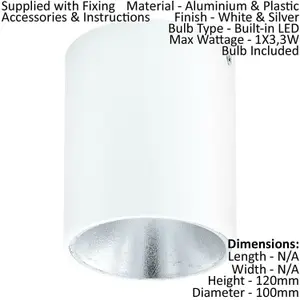 Wall / Ceiling Light White & Silver Round Downlight 3.3W Built in LED