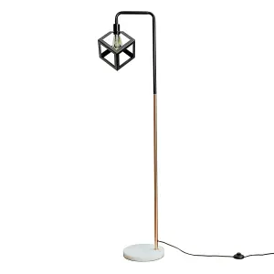 ValueLights Talisman Black/Copper Metal & White Marble Base Floor Lamp with Black Puzzle Cube Shade - with 4w LED Bulb