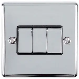 3 Gang Triple Light Switch POLISHED CHROME 2 Way 10A Black Trim & Metal Rocker