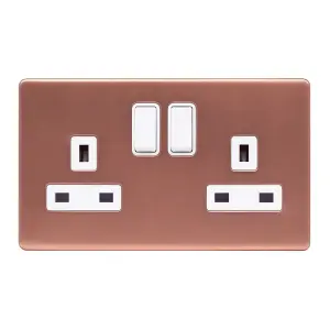 Brushed Copper Screwless Plate 13A 2 Gang Switched Plug Socket, Double Pole - White Trim - SE Home