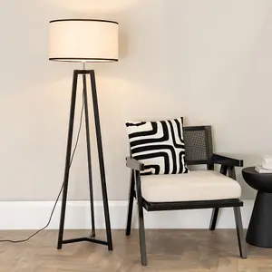 ValueLights Lottie Black Wood Tripod Floor Lamp with Linen Black Trim Drum Shade & LED Bulb