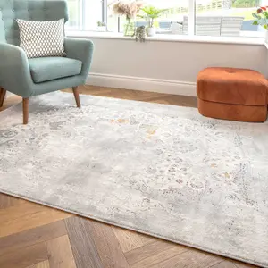 Silver Multicolour Distressed Floral Medallion Area Rug 120x170cm