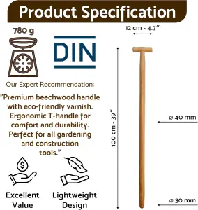 Premium Lacquered Shovel Handle - 100 cm / 39 inch Beechwood Shaft with Ergonomic T-Handle, Varnished for Moisture Protection