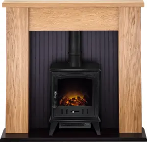 Adam New England Stove Fireplace in Oak with Aviemore Electric Stove in Black, 48 Inch