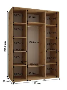 Charming Oak Artisan Cannes VII Sliding Wardrobe H2050mm W1600mm D600mm with Customisable Black Steel Handles