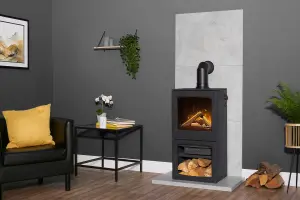 Acantha Tile & Hearth Set in Concrete Effect with Lunar XL Stove & Angled Pipe