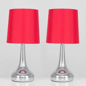 ValueLights Pair Of Modern Silver Chrome Teardrop Touch Bed Side Table Lamps With Red Fabric Shades