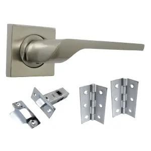 UNO-2 Door Handle Satin Nickel Lever on Square Rose Internal Handles + 64mm Latch & Hinges