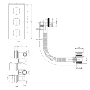 Zoia Black Triple Outlet Thermostatic Valve with Square Controls & Slide Rail Kit, Bath Filler, Showerhead & Arm