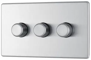 GoodHome Brushed Steel profile Triple 2 way 400W Screwless Dimmer switch