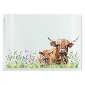 Purely Home Large Rectangular Highland Cow Mum & Calf Glass Chopping Board