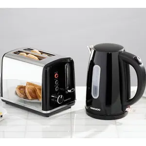 Daewoo Black Kensington 1.7 Litre 3000 Watt Matching Jug Kettle and Toaster Set 2 Slice Stainless Steel Rapid Boil Reheat Defrost