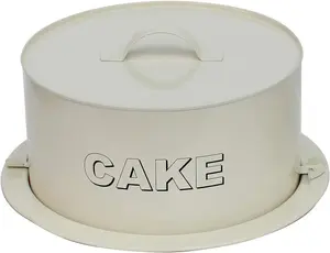 Metal 2PC Cake Carrier & Cake Tin Storage Set - Antique Cream Finish - Secure Clip Lock Closure