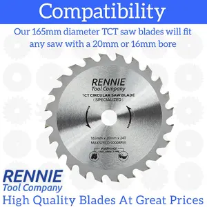 165mm x 24T TCT Cordless Circular Wood Saw Blade With Thin Kerf. Fits Bosch Makita Ryobi Dewalt Circular Saws etc