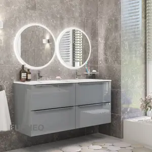 Furneo Bathroom Vanity Unit Floating Storage Basin Gloss Grey 4-Drawer 120cm With Chrome Handle