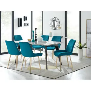 Anders Modern High Gloss Marble Effect Dining Table Set with 6 Luxury Velvet Dining Chairs Blue/Gold