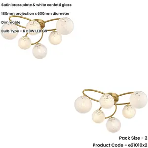 2 PACK Satin Brass Semi Flush Low Ceiling Light - White Confetti Multi Arm Glass - 6 X 3W LED G9