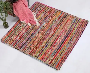 MISHRAN Square Jute Area Rug Hand Woven with Recycled Fabric 150 cm x 150 cm