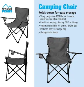 Set of 2 BLACK Folding Camping Chair With Armrest, Drink Holder & Carry Bag