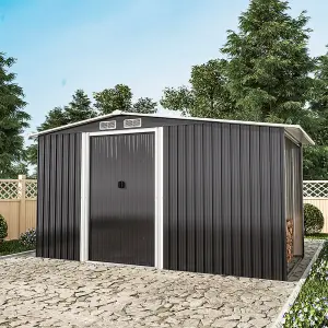 8 x 4 ft Metal Shed Garden Storage Shed Apex Roof Double Door with 4.3 x 2.1 ft Log Store,Black