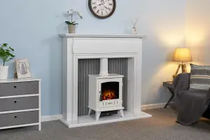 Adam Florence Stove Fireplace in Pure White with Aviemore Electric Stove in White Enamel, 48 Inch