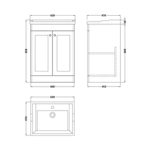 Classique 620mm Double Bathroom Vanity with Drop In Vitreous China Basin Satin Gray