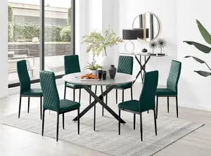 Furniturebox UK Novara Grey Concrete Effect Black Leg 120cm Round Dining Table & 6 Green Velvet Milan Black Leg Chairs