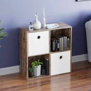 Vida Designs Durham Dark Wood 2x2 Cube Storage Unit & Set of 2 White Foldable Cube Storage Baskets