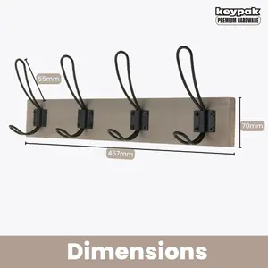 keypak Rustic Wall Mounted Coat Rack, Vintage Double Wire Coat Hooks on Wooden Base, Fixings Included (4 Hooks, Light Grey Ash)