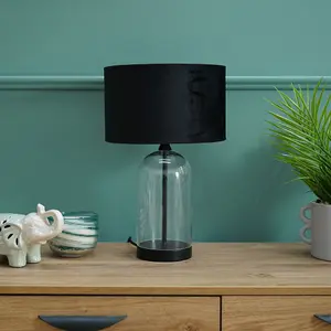 ValueLights Jessy Glass and Black Metal Bedside Table Lamp with a Black Velvet Lampshade - Bulb Included