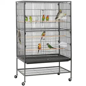 Yaheetech Black Metal Rolling Bird Cage with 3 Perches & 4 Feeders & Storage Shelf