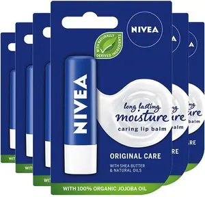 NIVEA Lip Balm Original Care Pack Of 6 (6 X 4.8G) Protective Lip Moisturiser With Shea Butter And Natural Oils, Caring Lip Balm For 24H Moisture