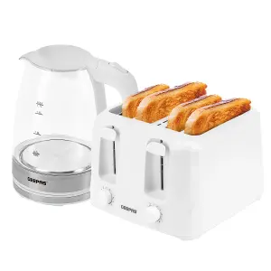 Geepas 4 Slice Bread Toaster & 1.7L Illuminating Electric Glass Kettle Set 2200W, White