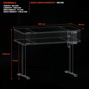 X-Rocker Ascend Height Adjustable Gaming Desk, 120cm Wide - BLACK