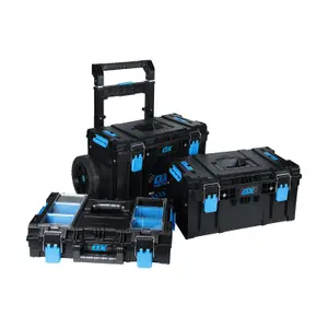 Ox Tooltrek 3 Piece Modular Deep Tool Box + Trolley Wheels + Shallow Box Set Up