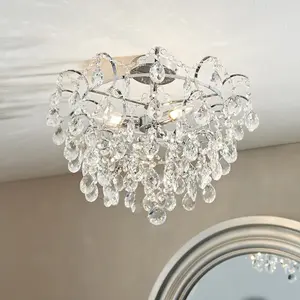 Decorative Flush Bathroom Ceiling 4 Light Fitting - Clear Glass Faceted Crystals