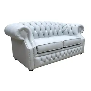 Chesterfield 2 Seater Sofa Shelly Silver Grey Leather In Buckingham Style