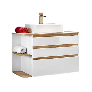 Bathroom Furniture Set with Countertop Vanity Unit with Basin & Wall Tallboy Cabinet White Gloss Oak Plat