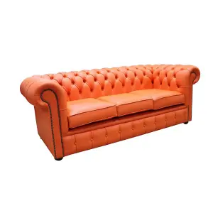 Chesterfield 3 Seater Shelly Flamenco Orange Real Leather Sofa Bespoke In Classic Style