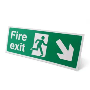 EAI - Fire Exit Sign Arrow Man Down Right 400x150mm Self Adh Semi Rigid PVC