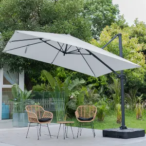 3M Large Square Canopy Rotatable Tilting Garden Rome Umbrella Cantilever Parasol with 100 L Fillable Base, Light Grey