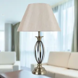 First Choice Lighting Cigar Antique Brass 55cm Table Lamp with Off White Fabric Shade