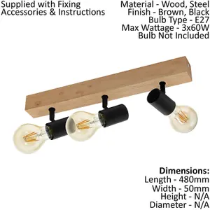 2 PACK Wall Light Colour Brown Wood Back Plate Black Bulb Holder Bulb E27 3x60W