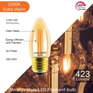 paul russells LED Filament Dimmable Candle Bulb,ES E27, 4.5W 423 Lumens, 40w Equivalent, 2200K Extra Warm White Amber, Pack of 3