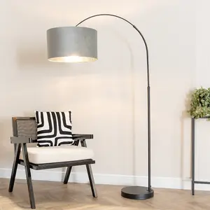 ValueLights Louis Black Arched Floor Lamp with Grey Velvet and Chrome Inner Shade and Bulb