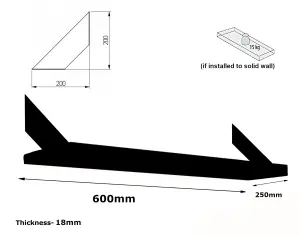 Solid Pine Rustical Shelf Medium Oak with Black FLAT Bracket 25x60cm