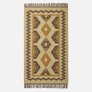 Homescapes Ravar Brown & Gold Kilim Wool Rug 90 x 150 cm