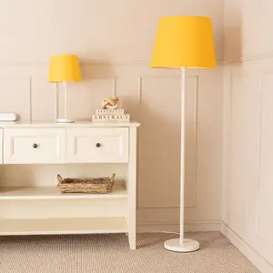 ValueLights Charles White Single Stem Table Lamp with Mustard Tapered Lamp Shade and LED Bulb