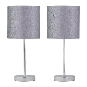 First Choice Lighting Set of 2 Chrome Stick Table Lamps with Grey Glitter Shades